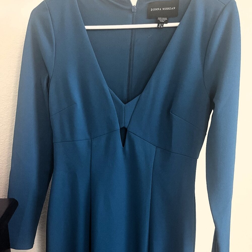 Donna Morgan long sleeve teal keyhole cocktail dress